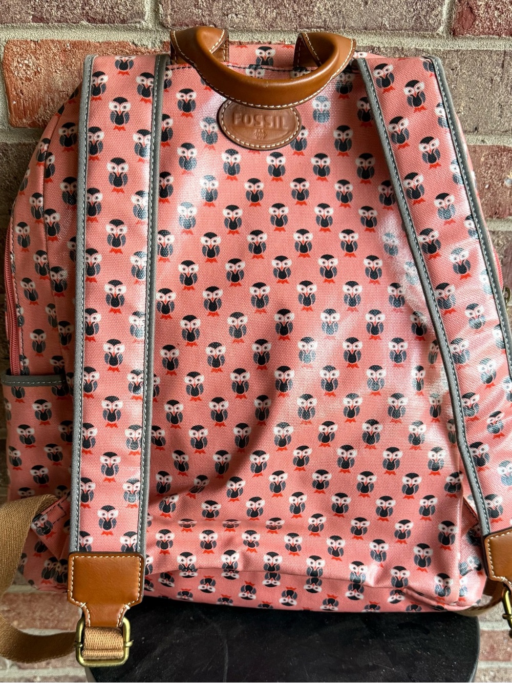 Fossil Coral Pink Owl-Print Backpack with Leather Trim